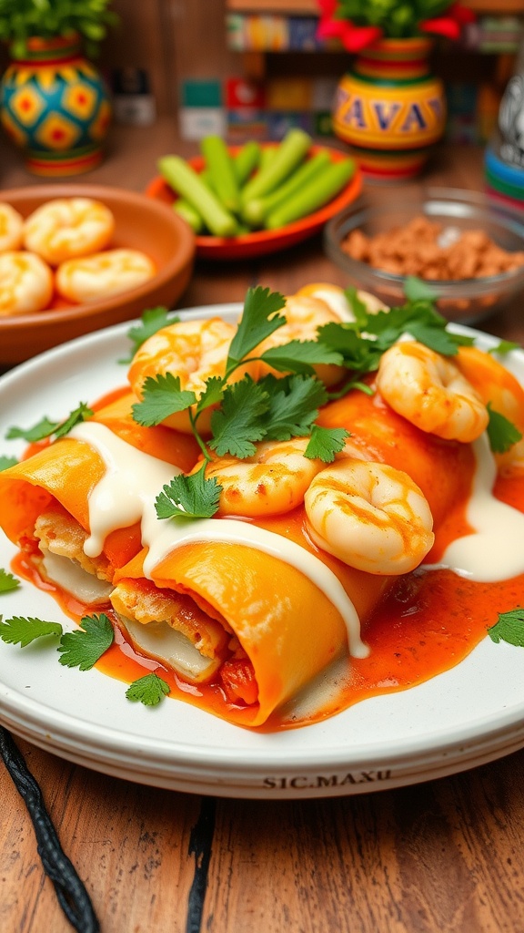 Zesty shrimp enchiladas topped with cheese and cilantro on a rustic table.